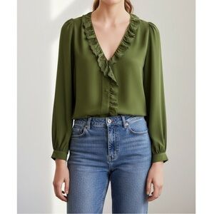 Sezane 100% Silk Olive Green Ruffle V-Neck Blouse